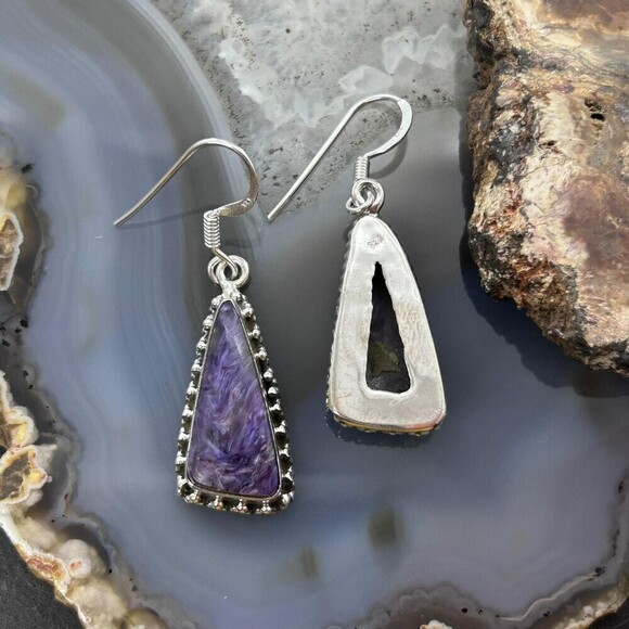 Sterling Silver Southwestern Style Triangle Charoite Dangle Earrings For Women - Picture 7 of 10